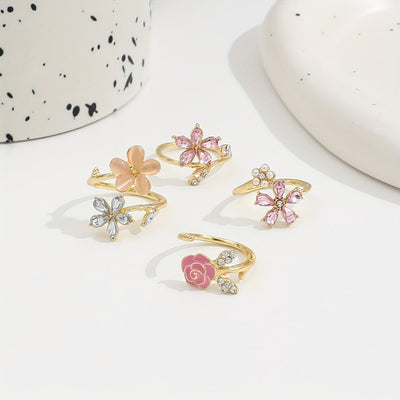 Alloy Ring Set with Rhinestones and Pearls