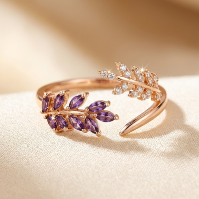 Bague feuille en or et améthyste