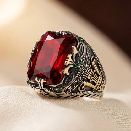 Chevalière ornée en argent et rubis