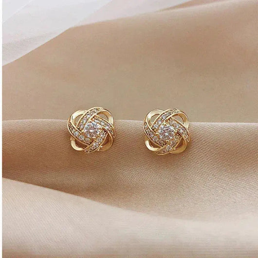 Gold Spiral Floral Stud Earrings with Crystal