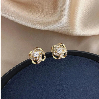 Gold Spiral Floral Stud Earrings with Crystal