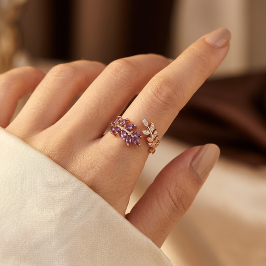 Bague feuille en or et améthyste