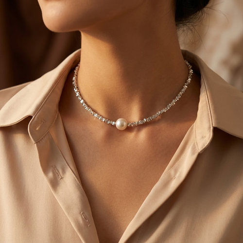 Collier ras de cou minimaliste en argent avec perle