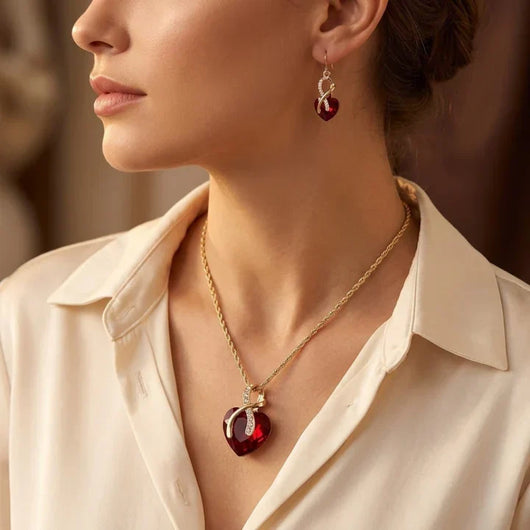 Parure de bijoux cœur torsadé en or et rubis