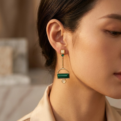 Gold Emerald Geometric Drop Earrings