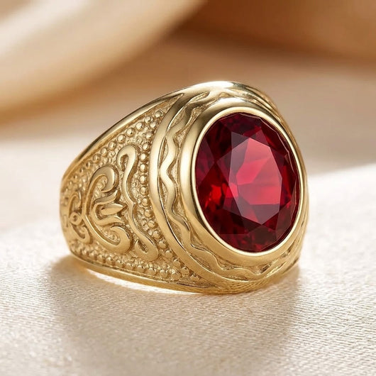 Bague en or gravée avec rubis