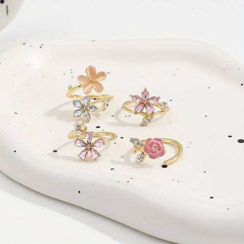 Alloy Ring Set with Rhinestones and Pearls