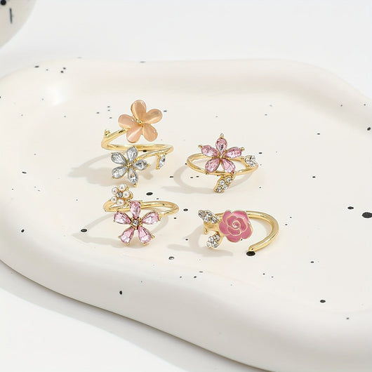 Alloy Ring Set with Rhinestones and Pearls