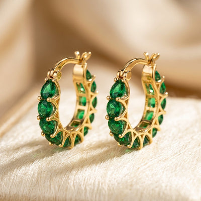 Gold Emerald Lattice Hoop Earrings