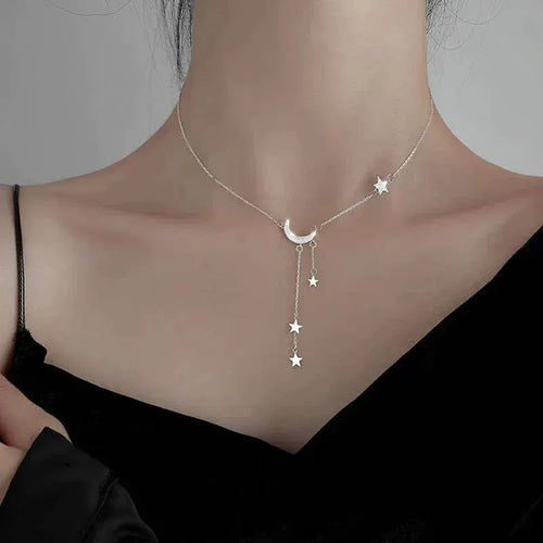 Elegant Silver Moon and Star Necklace