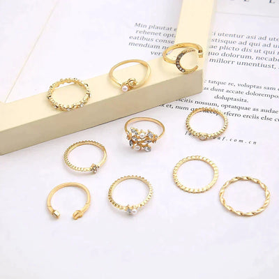10-Piece Bohemian Gold and Silver Ring Set