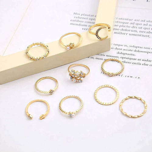10-Piece Bohemian Gold and Silver Ring Set