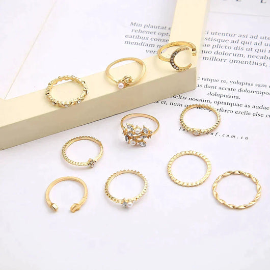 10-Piece Bohemian Gold and Silver Ring Set