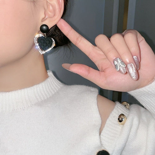 Gold Black Heart Earrings