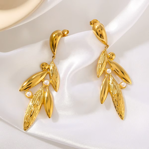 Boucles d'oreilles vintage perle et feuille dorée