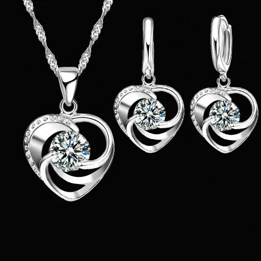 Sterling Silver Heart Necklace and Earring Set