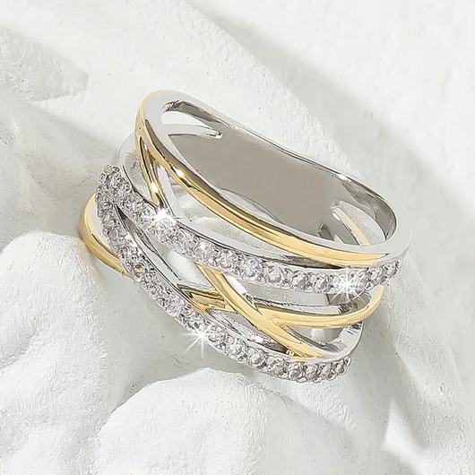 Two-Tone Crossover Band Ring with Zircon