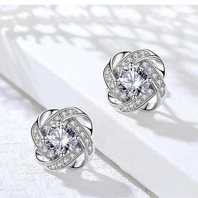 Gold Spiral Floral Stud Earrings with Crystal