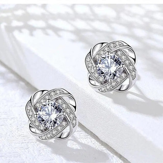 Gold Spiral Floral Stud Earrings with Crystal