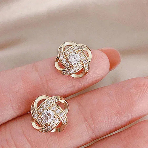 Gold Spiral Floral Stud Earrings with Crystal