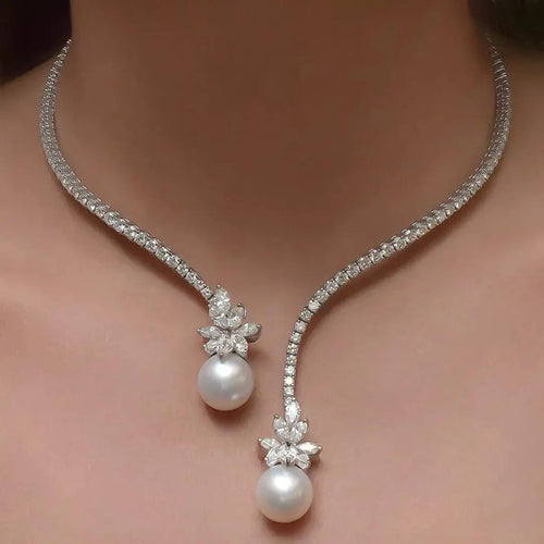Elegant Sparkling Sterling Silver Pearl Necklace