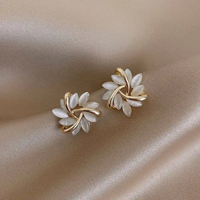 Gold Leaf Stud Earrings with White Opal
