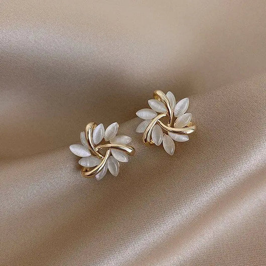Gold Leaf Stud Earrings with White Opal