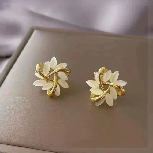 Gold Leaf Stud Earrings with White Opal
