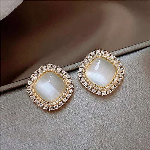 Chic Square Stud Earrings with Opal and CZ Crystal