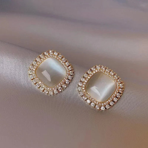 Chic Square Stud Earrings with Opal and CZ Crystal