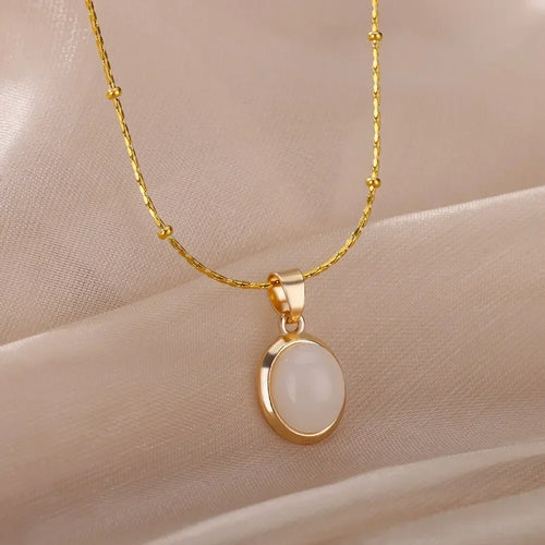 Chic Gold Stainless Steel Necklace with Teardrop Opal Pendant