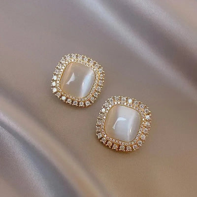Chic Square Stud Earrings with Opal and CZ Crystal
