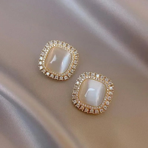 Chic Square Stud Earrings with Opal and CZ Crystal