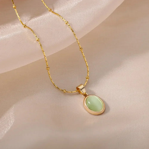 Chic Gold Stainless Steel Necklace with Teardrop Opal Pendant