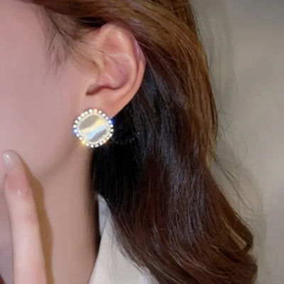 Chic Square Stud Earrings with Opal and CZ Crystal