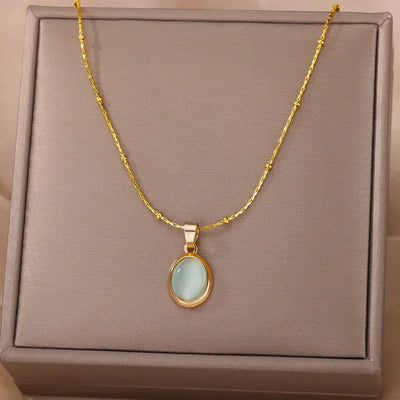 Chic Gold Stainless Steel Necklace with Teardrop Opal Pendant