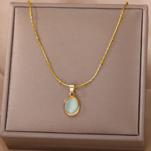 Chic Gold Stainless Steel Necklace with Teardrop Opal Pendant