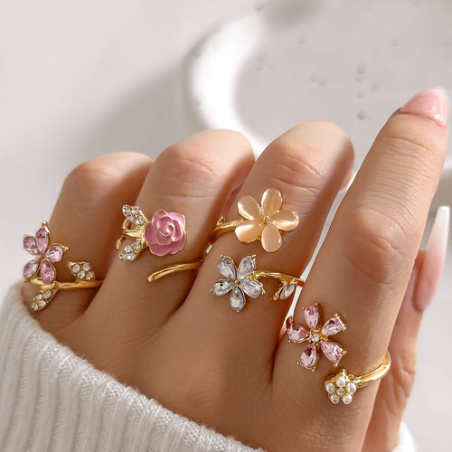 Alloy Ring Set with Rhinestones and Pearls