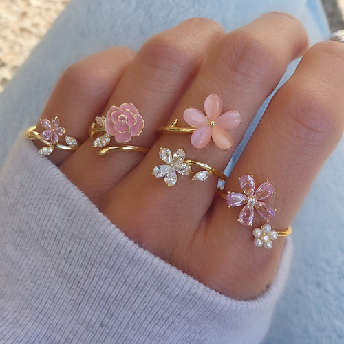 Alloy Ring Set with Rhinestones and Pearls
