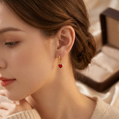 Gold Ruby Heart Drop Earrings