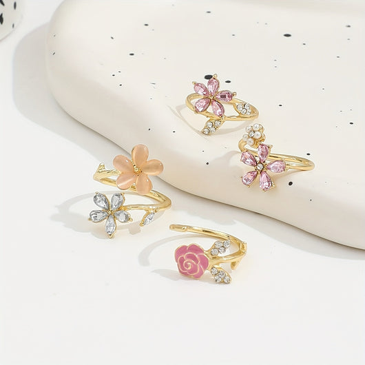 Alloy Ring Set with Rhinestones and Pearls