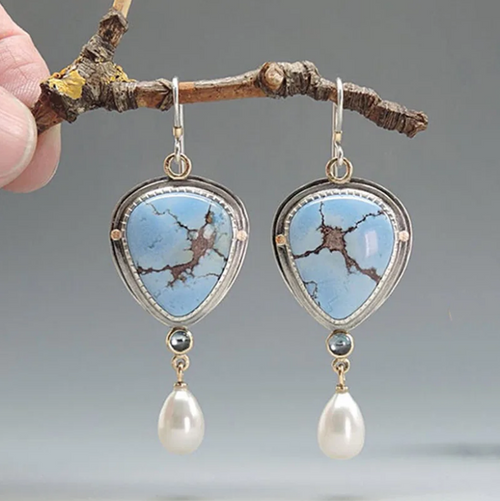 Boucles d'oreilles vintage bleu et perle