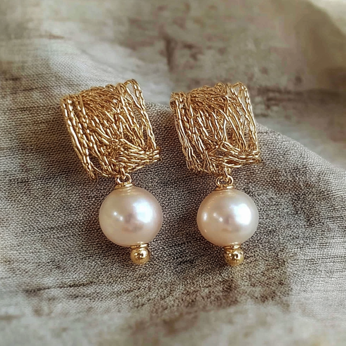 Boucles d'oreilles vintage fils dorés et perles