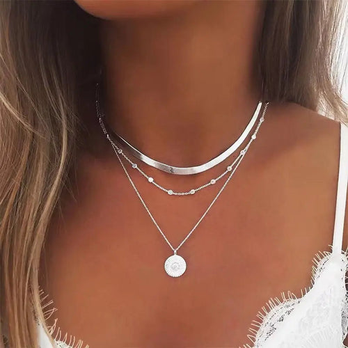 Layered Silver Necklace Set with Choker and Pendant